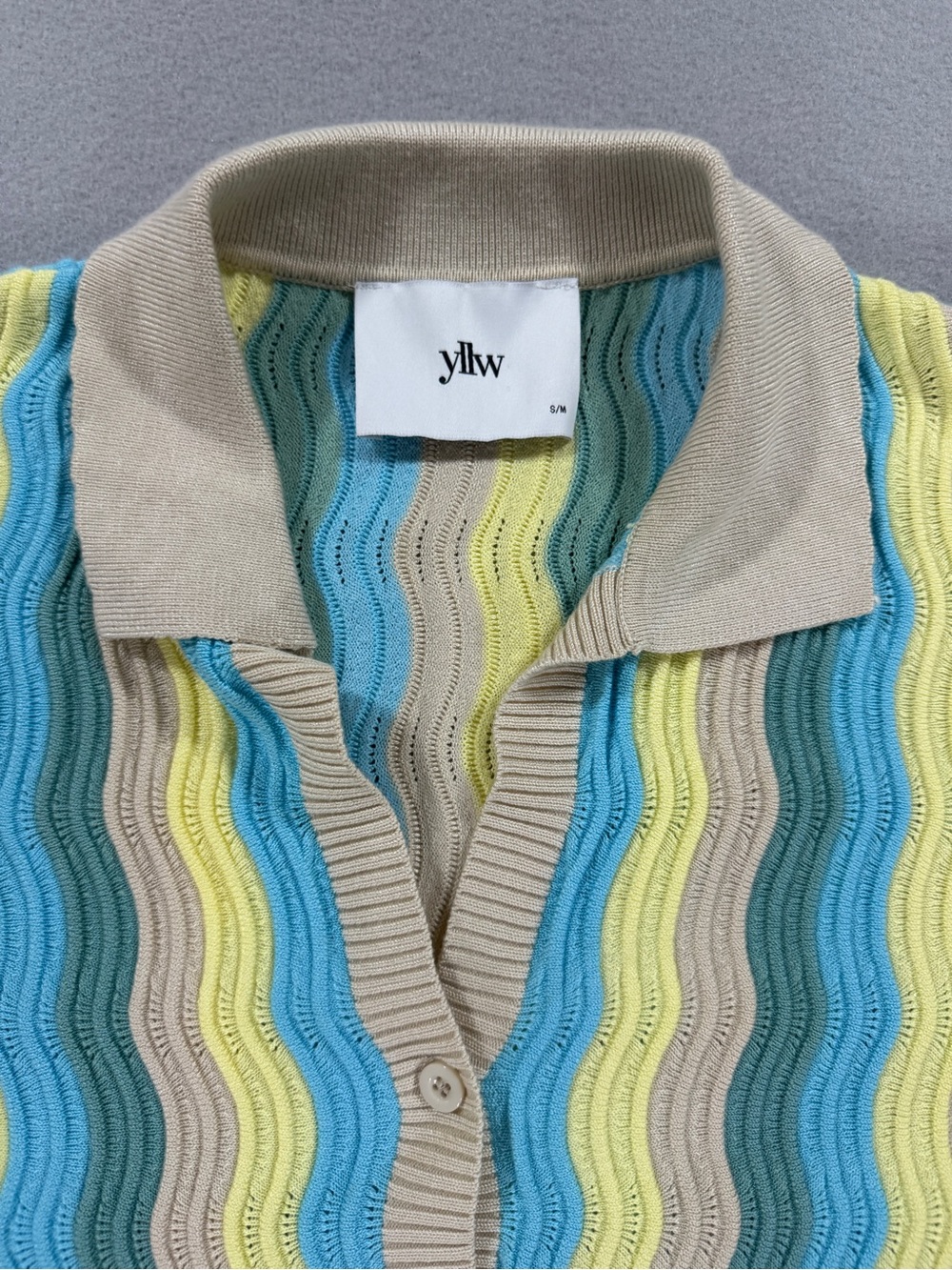 yllw the label Felix Knit Dress Blue Yellow Wave Stripe Button Collared Retro - Picture 7 of 15